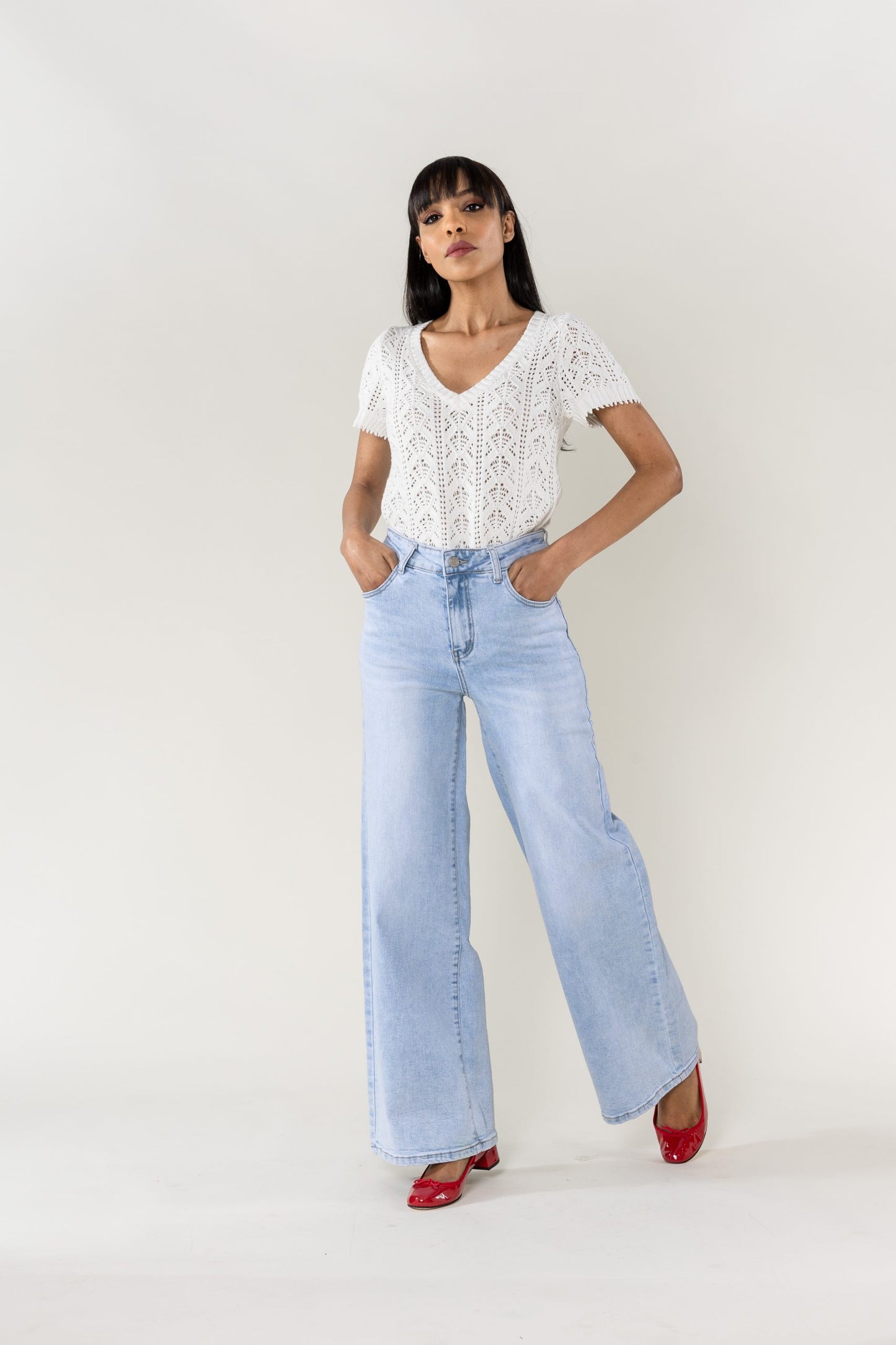 Wholesale High Waist Wide Leg Flare Jeans light blue
