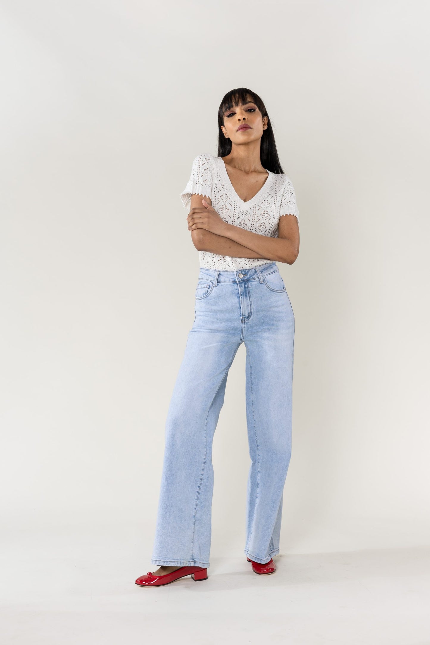 Wholesale High Waist Wide Leg Flare Jeans light blue