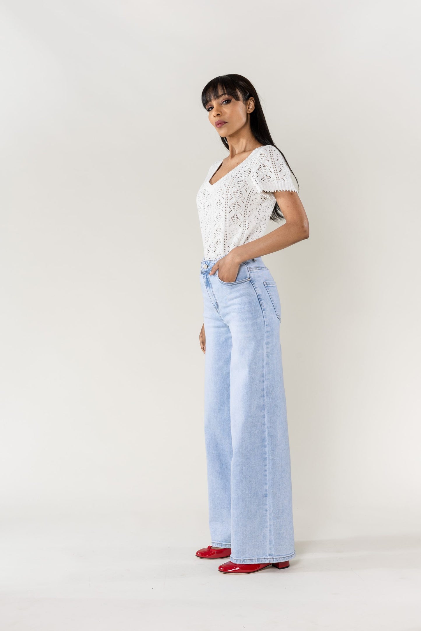 Wholesale High Waist Wide Leg Flare Jeans light blue