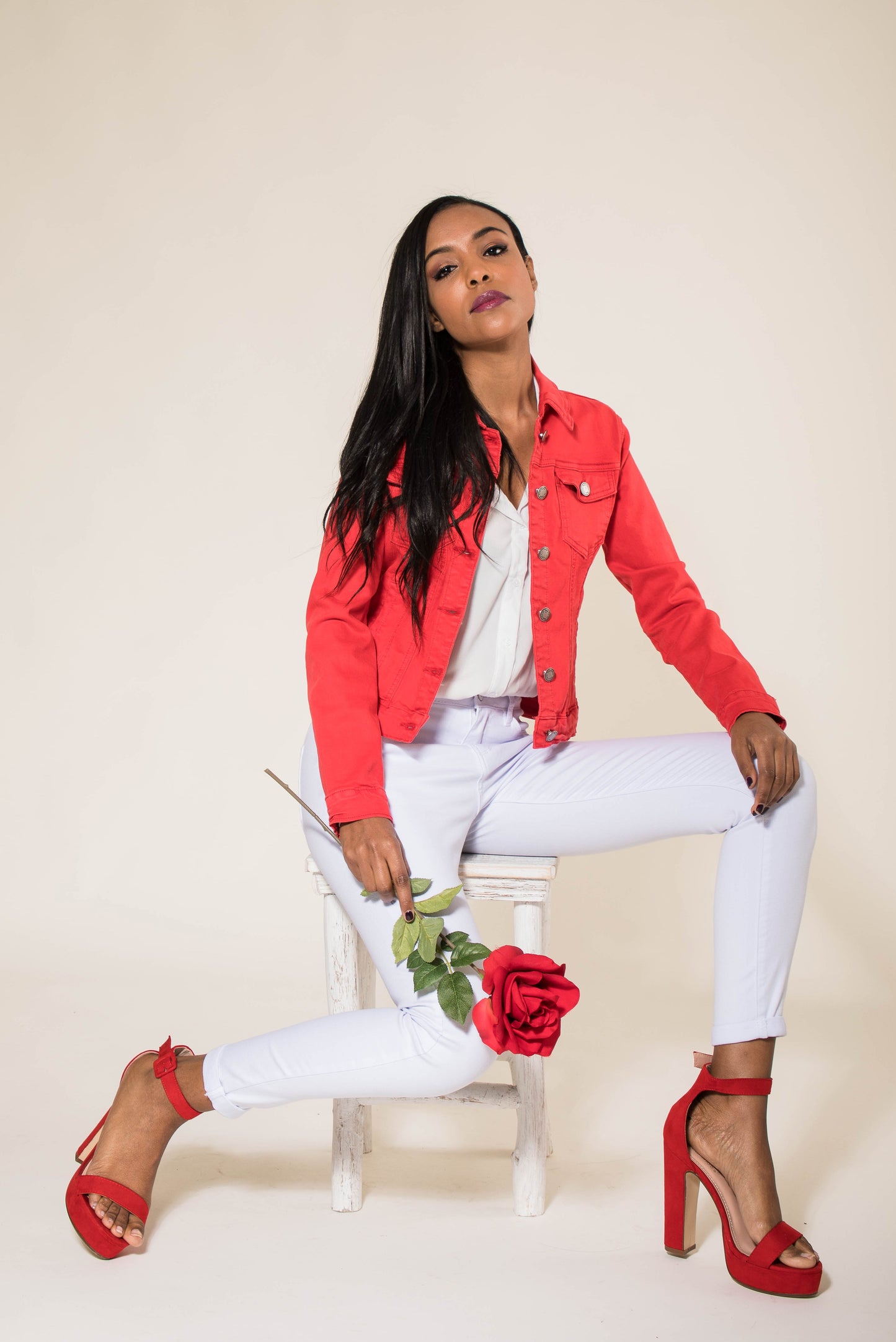 Wholesale Red Color Stretch Jeans Jacket