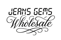2 lines of text on transparent background; top line of text says 'JEANS GEMS' with font like a classic calculator display, bottom line says 'WHOLESALE' with most beautiful handwritting imaginable, small part of which flows over the top line
