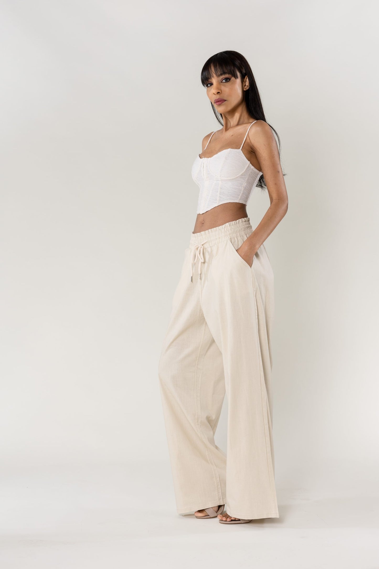 Wholesale Wide Linen Style Pants Beige