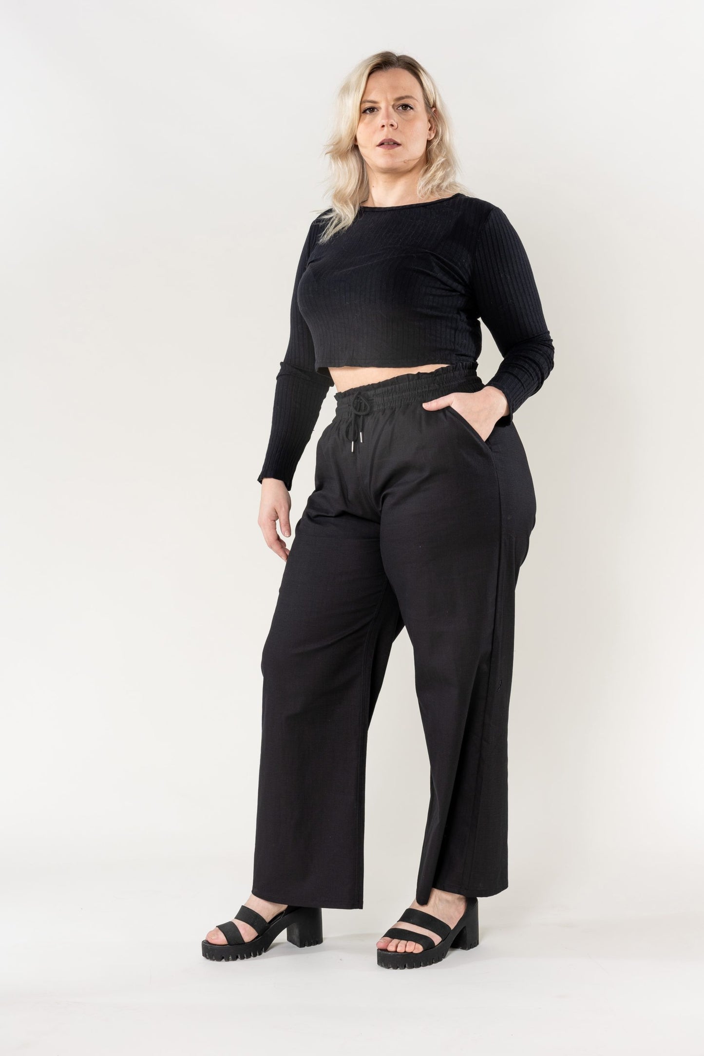 Wholesale Wide Linen Style Black Pants