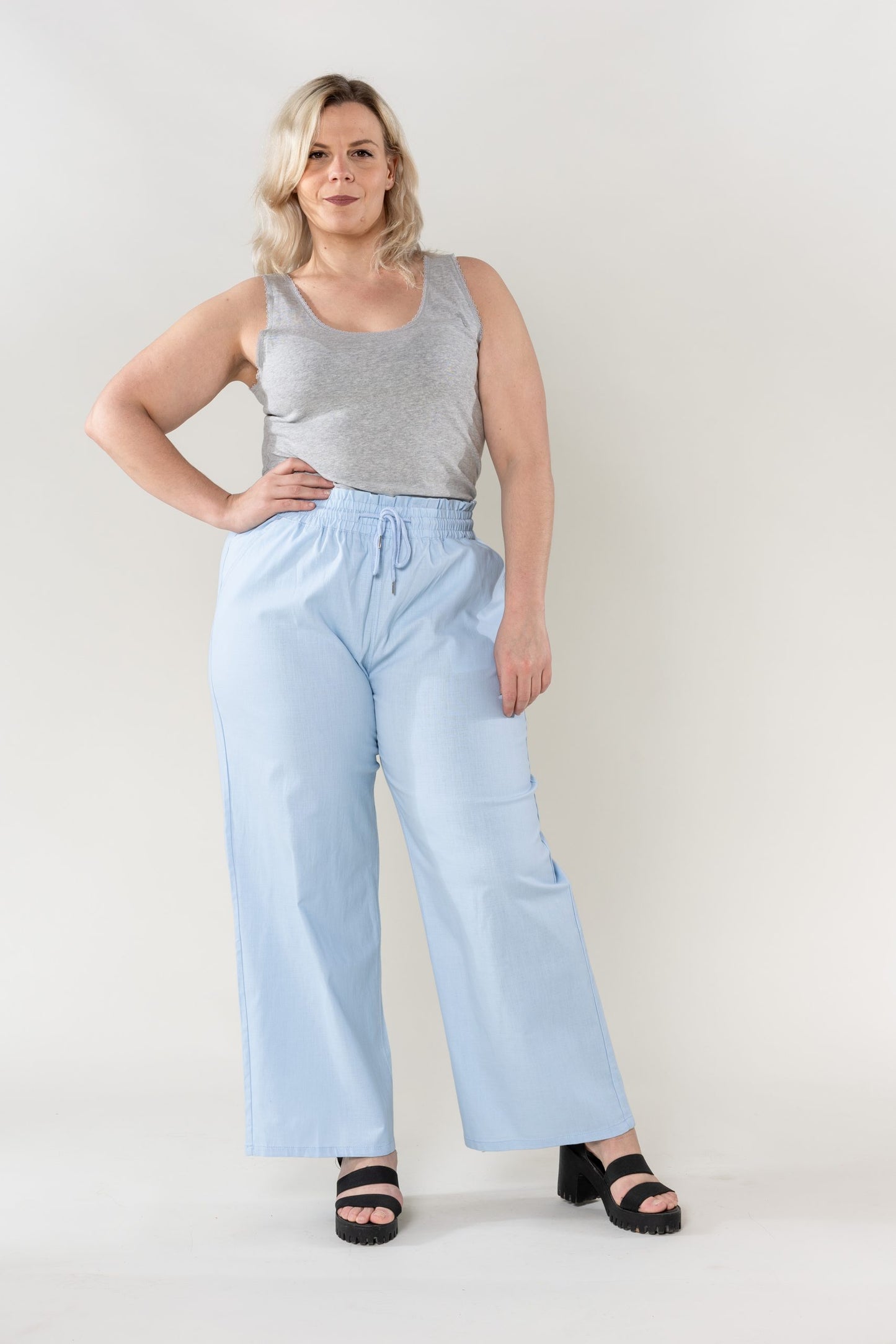 Wholesale Wide Linen Style Sky Blue Pants