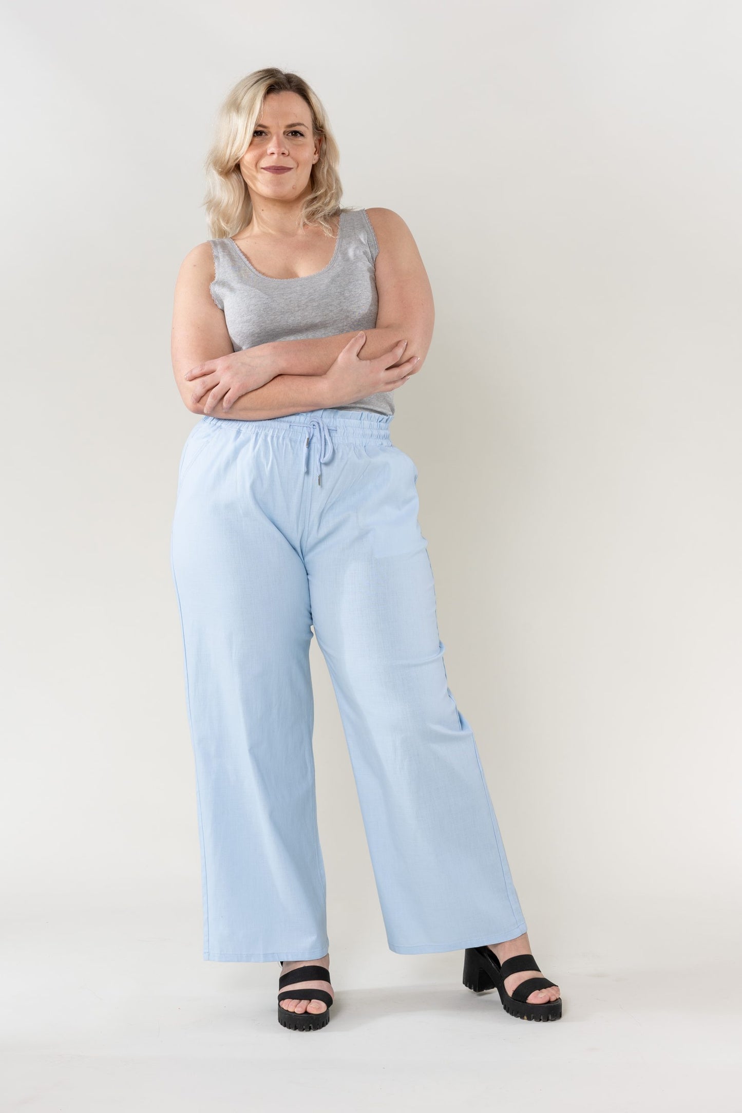 Wholesale Wide Linen Style Sky Blue Pants