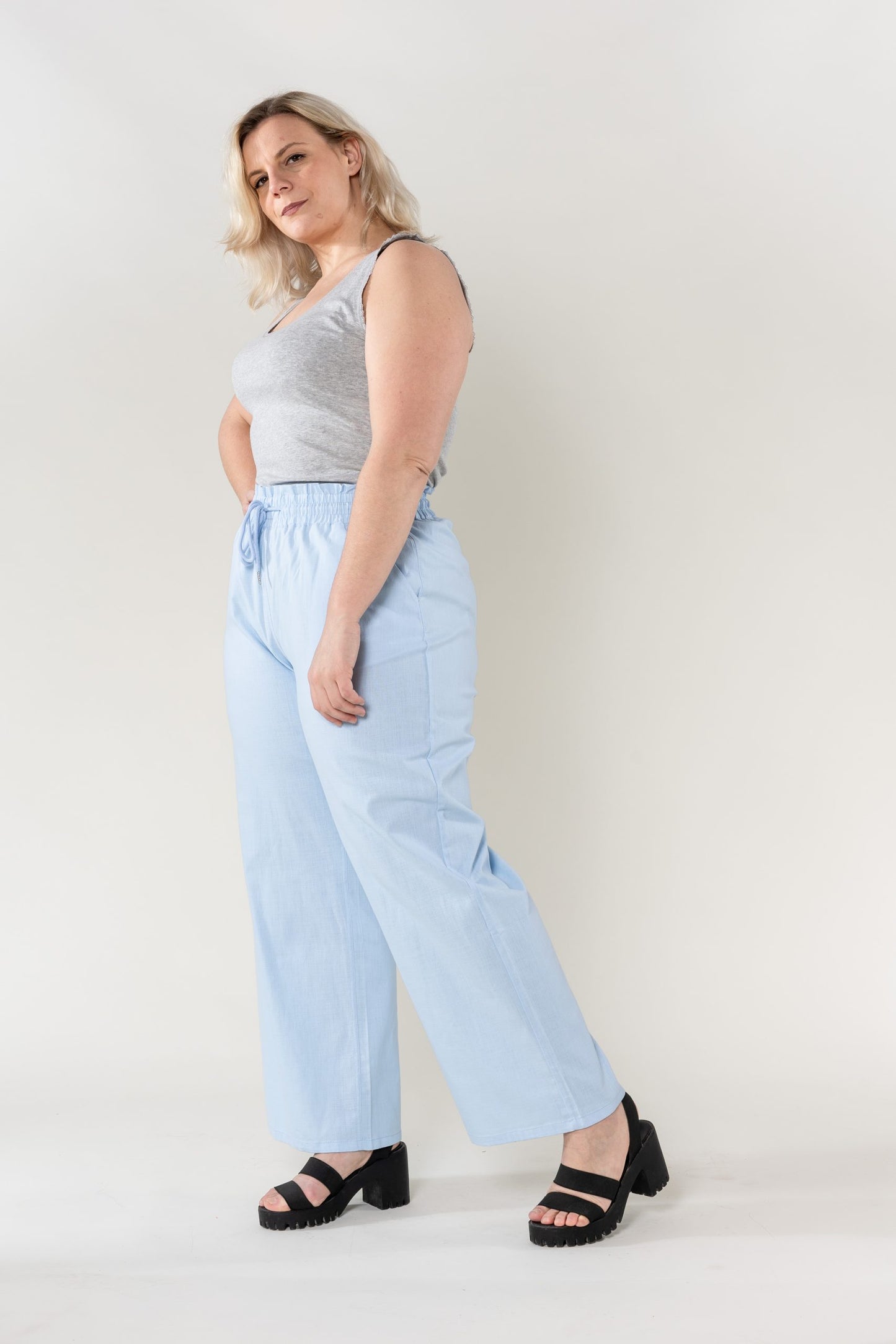 Wholesale Wide Linen Style Sky Blue Pants