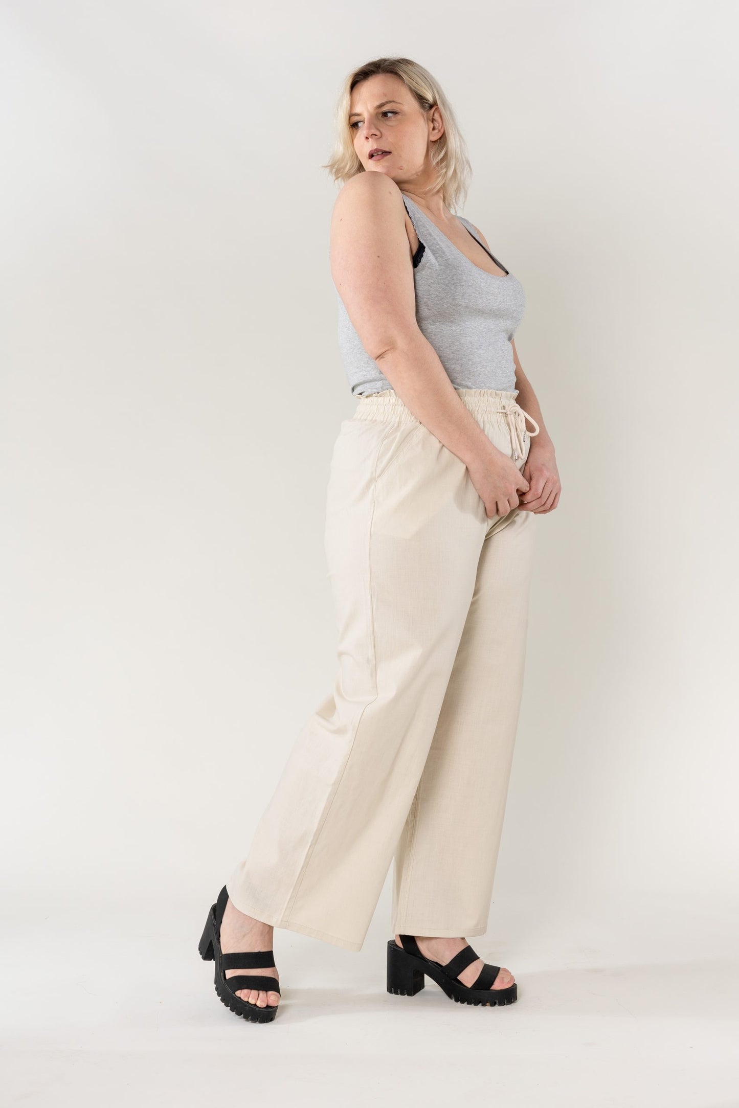 Wholesale Wide Linen Style Beige Pants