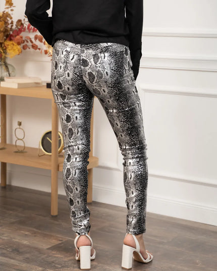 Women's Silver Metallic Pattern Skinny Trousers