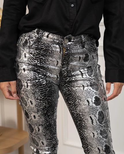 Women's Silver Metallic Pattern Skinny Trousers