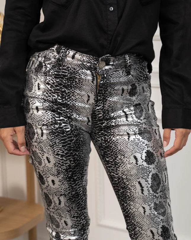 Women's Silver Metallic Pattern Skinny Trousers