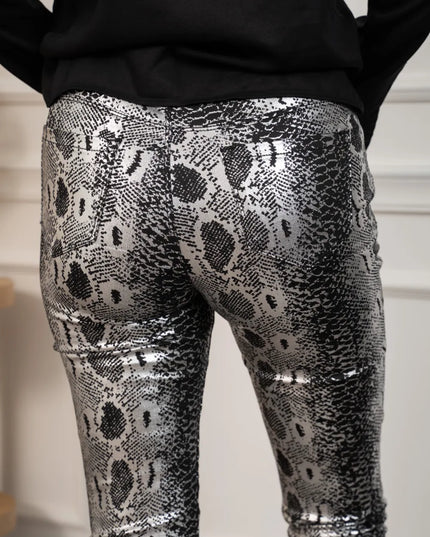 Women's Silver Metallic Pattern Skinny Trousers