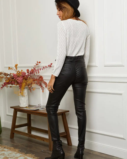 Women's Black Coated Paperbag Trousers
