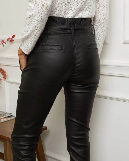 Women's Black Coated Paperbag Trousers