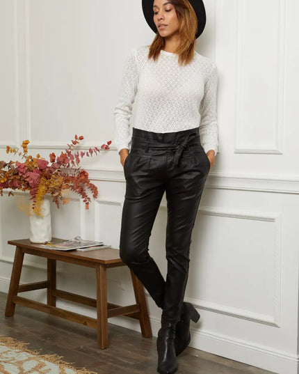 Women's Black Coated Paperbag Trousers