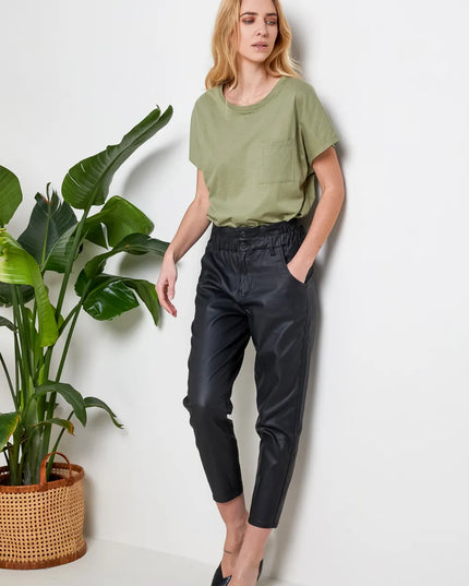 Women's Black Coated Slouchy Trousers