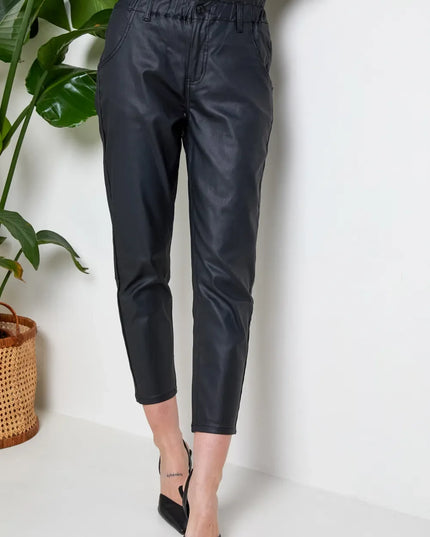 Women's Black Coated Slouchy Trousers