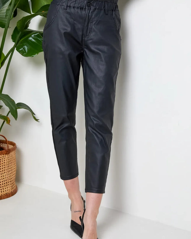 Women's Black Coated Slouchy Trousers
