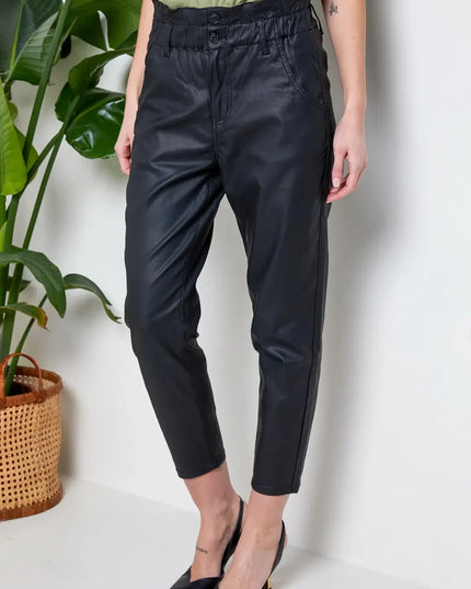 Women's Black Coated Slouchy Trousers