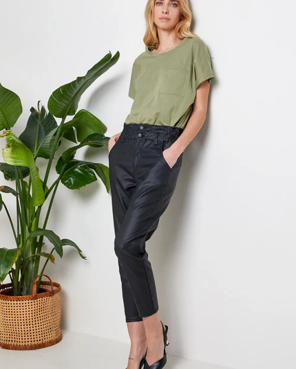 Women's Black Coated Slouchy Trousers