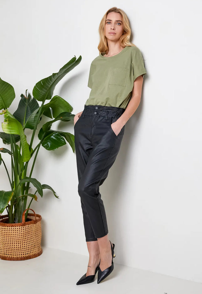 Women's Black Coated Slouchy Trousers