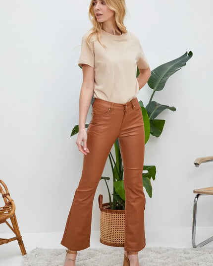 Women's Tan Coated Flare Trousers