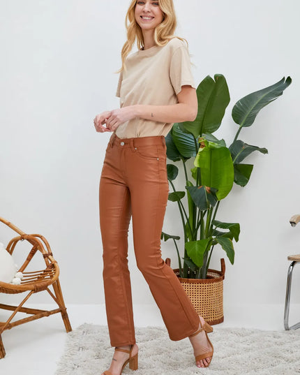 Women's Tan Coated Flare Trousers
