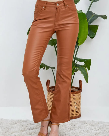 Women's Tan Coated Flare Trousers