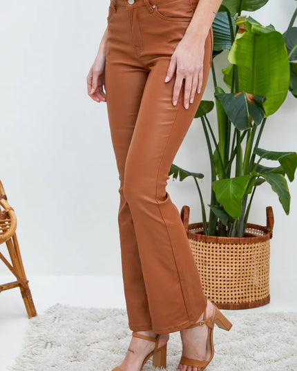 Women's Tan Coated Flare Trousers