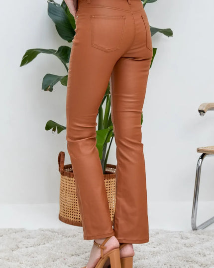 Women's Tan Coated Flare Trousers