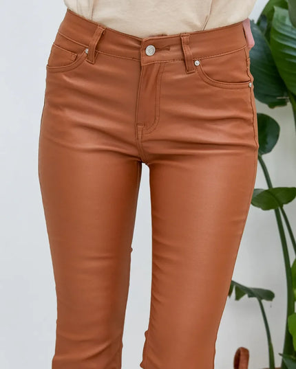 Women's Tan Coated Flare Trousers