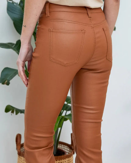 Women's Tan Coated Flare Trousers