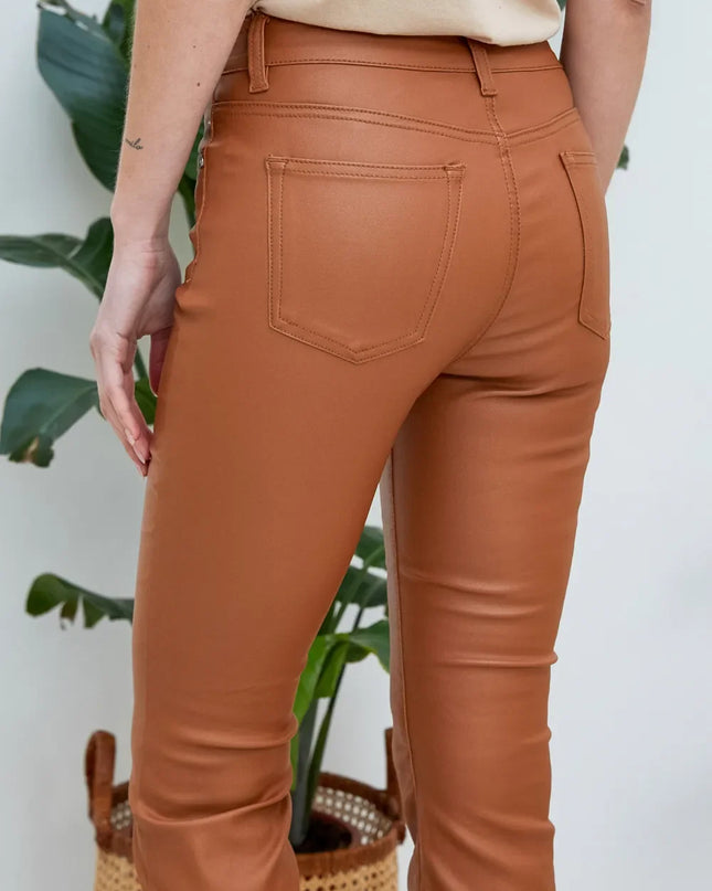 Women's Tan Coated Flare Trousers