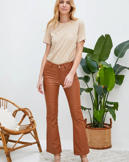 Women's Tan Coated Flare Trousers
