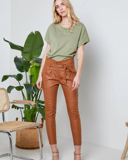 Women's Tan Coated Paperbag Trousers