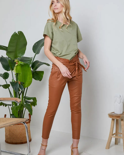 Women's Tan Coated Paperbag Trousers