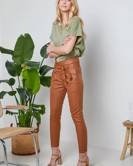 Women's Tan Coated Paperbag Trousers