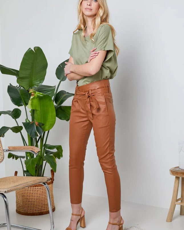Women's Tan Coated Paperbag Trousers