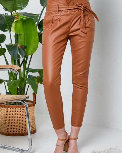 Women's Tan Coated Paperbag Trousers
