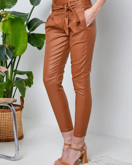 Women's Tan Coated Paperbag Trousers