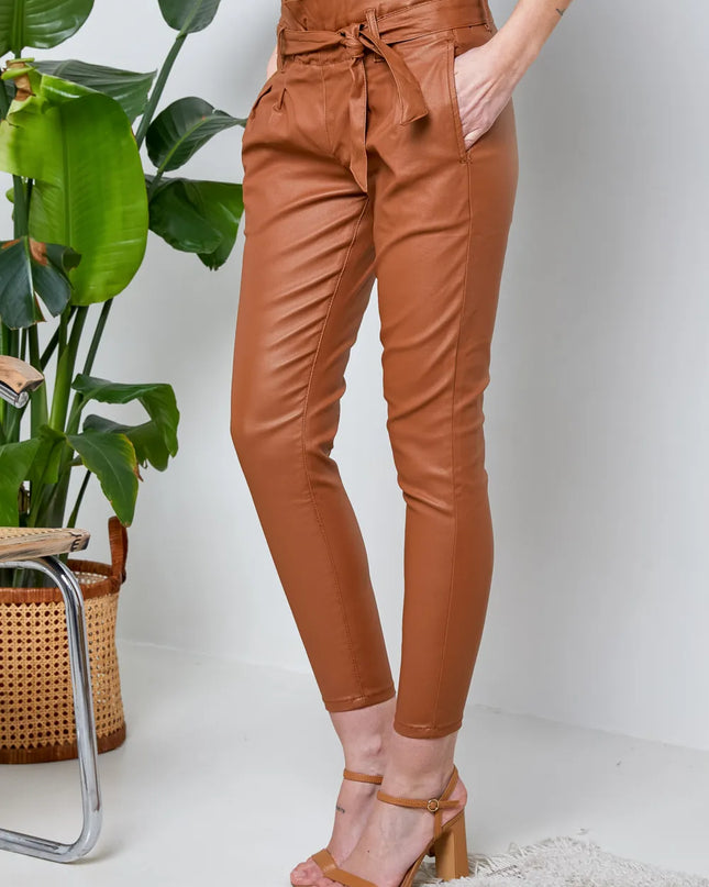 Women's Tan Coated Paperbag Trousers