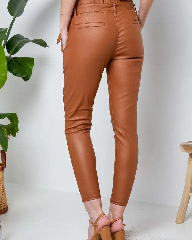 Women's Tan Coated Paperbag Trousers