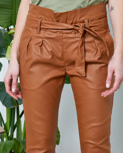 Women's Tan Coated Paperbag Trousers