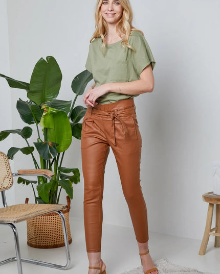 Women's Tan Coated Paperbag Trousers