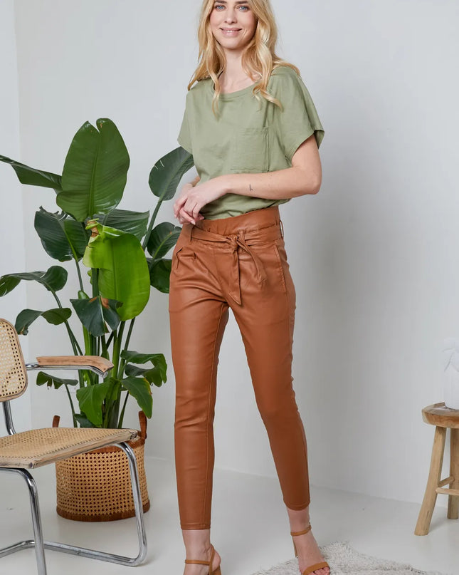 Women's Tan Coated Paperbag Trousers