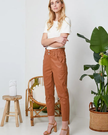 Women's Tan Coated Slouchy Trousers