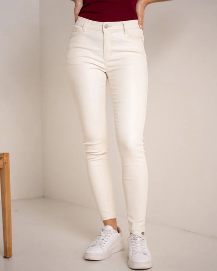 Women's White Coated Slim Push-Up Trousers