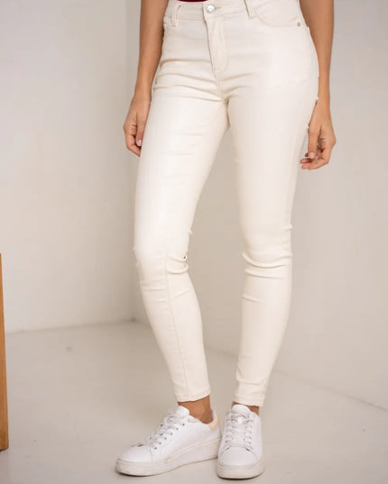 Women's White Coated Slim Push-Up Trousers