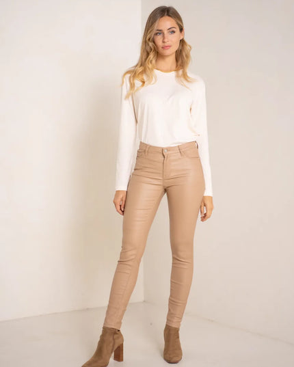 Women's Beige Coated Slim Push-Up Trousers