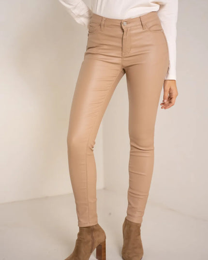 Women's Beige Coated Slim Push-Up Trousers