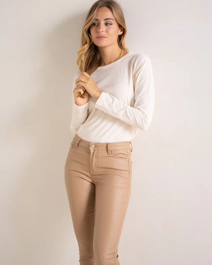 Women's Beige Coated Slim Push-Up Trousers